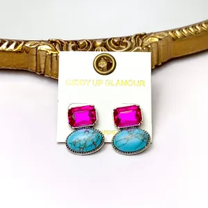 Fuchsia Rhinestone and Faux Turquoise Stone Stud Earrings