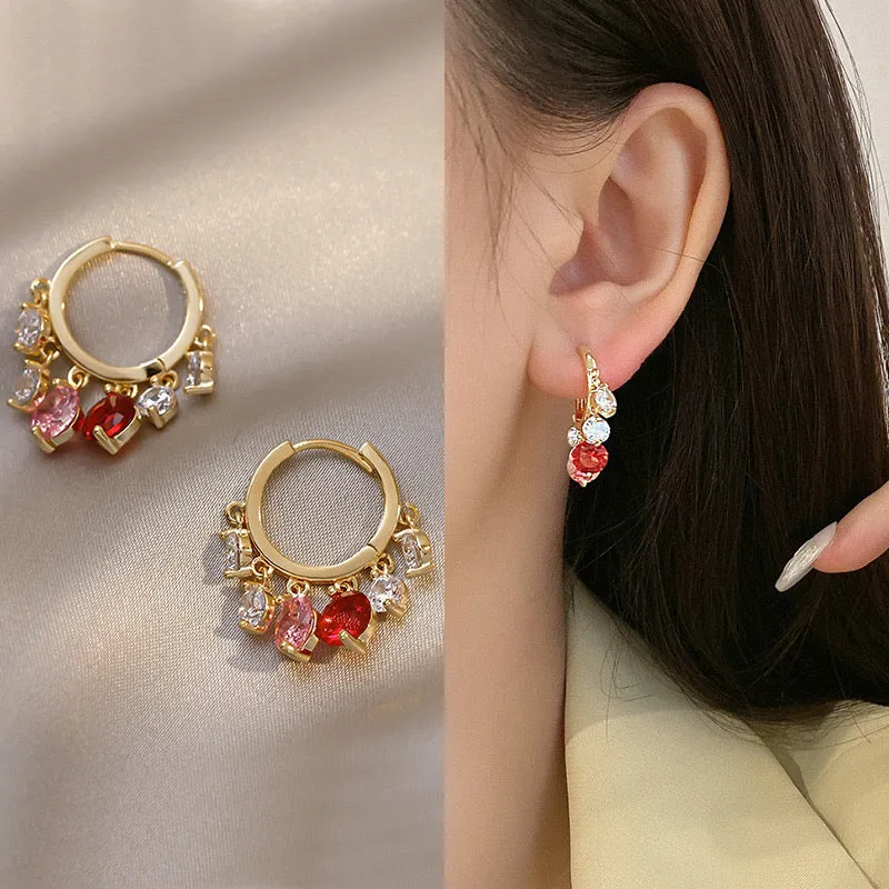 Gold Hoop Earrings with Pink and Red Gemstone Charms jlt11534