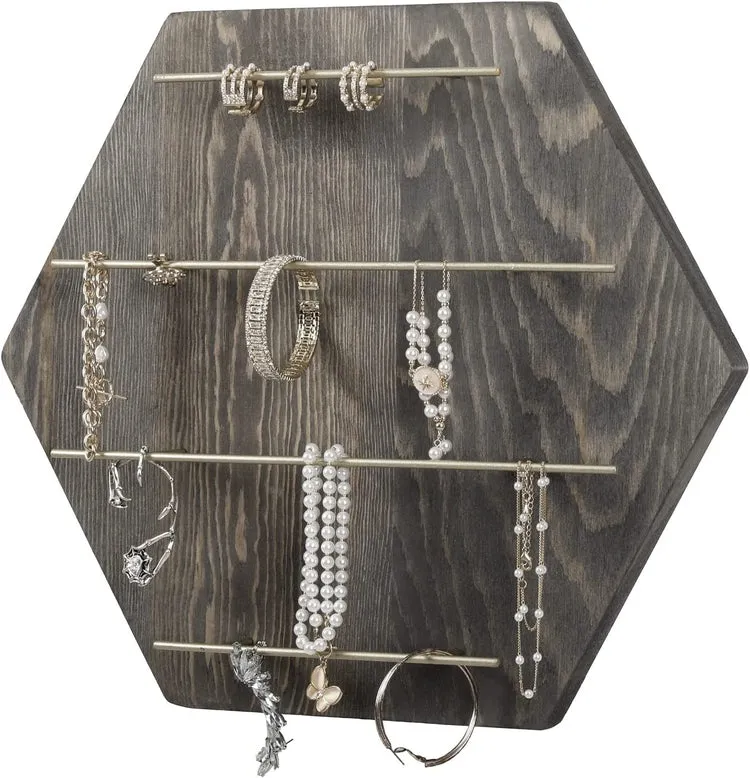 Gray Wood and Brass Tone Metal Hexagonal Jewelry Hanger Rack, Tiered Wall Mounted Necklace, Bracelet Storage Organizer