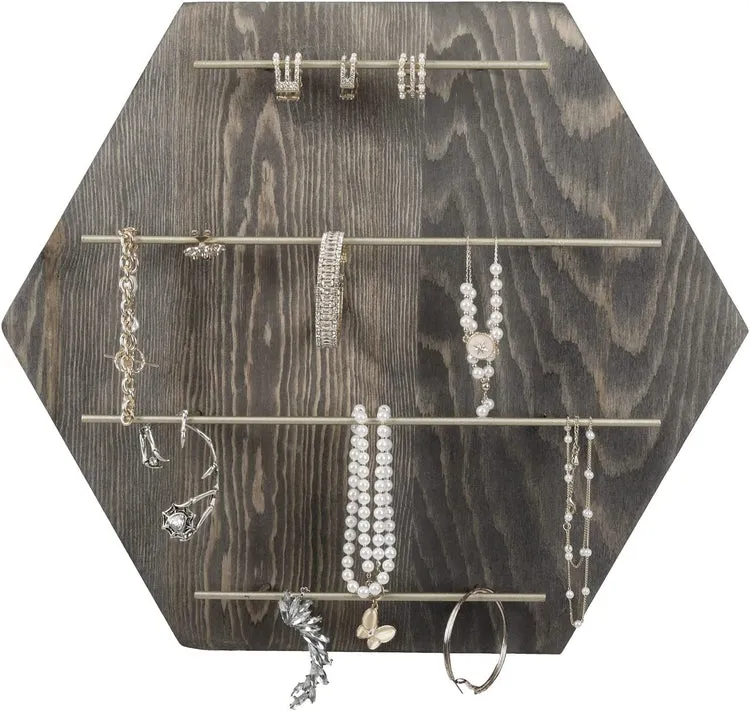 Gray Wood and Brass Tone Metal Hexagonal Jewelry Hanger Rack, Tiered Wall Mounted Necklace, Bracelet Storage Organizer