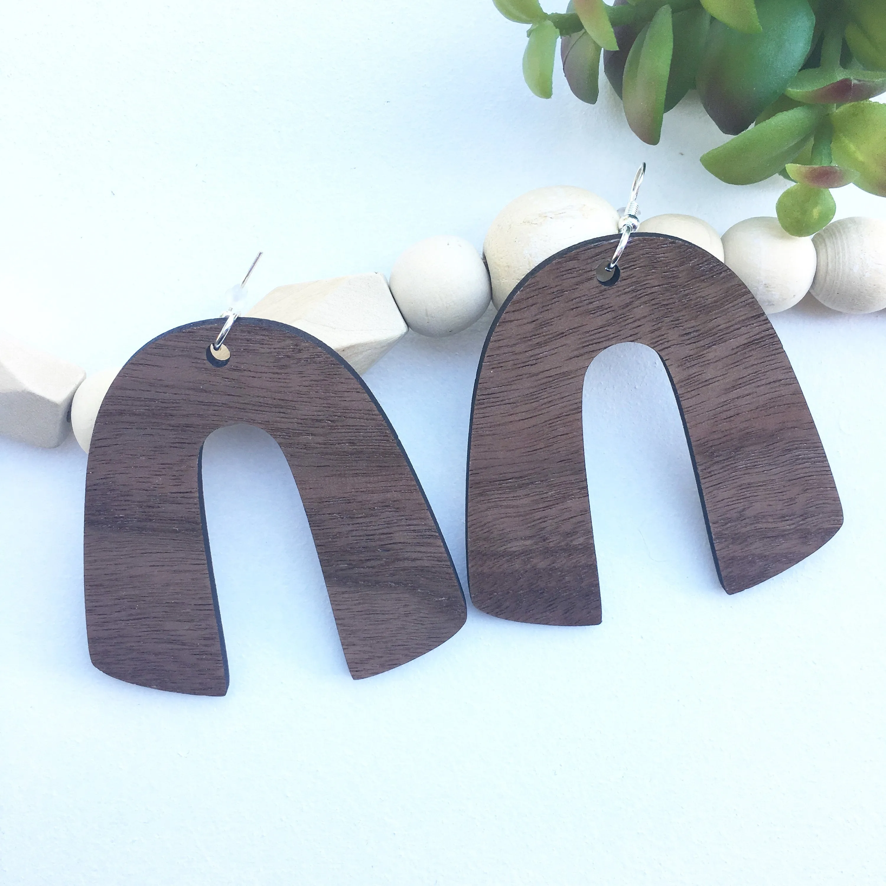 Horseshoe Dangle Wooden Earrings in Walnut, Trendy Lightweight Earrings, Gift for Sister