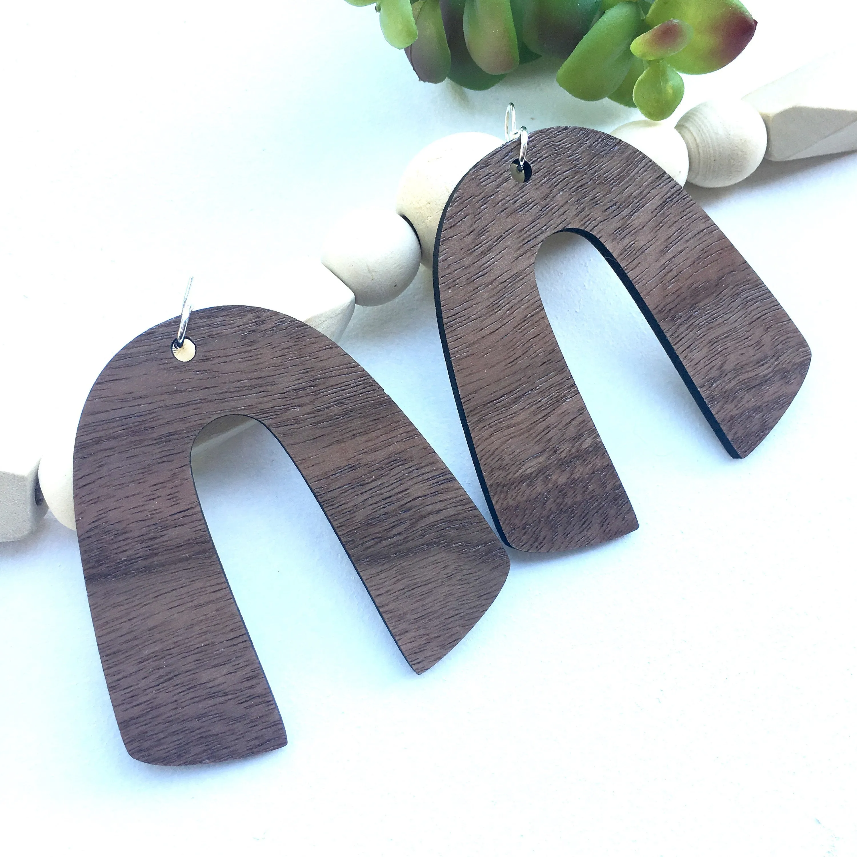 Horseshoe Dangle Wooden Earrings in Walnut, Trendy Lightweight Earrings, Gift for Sister