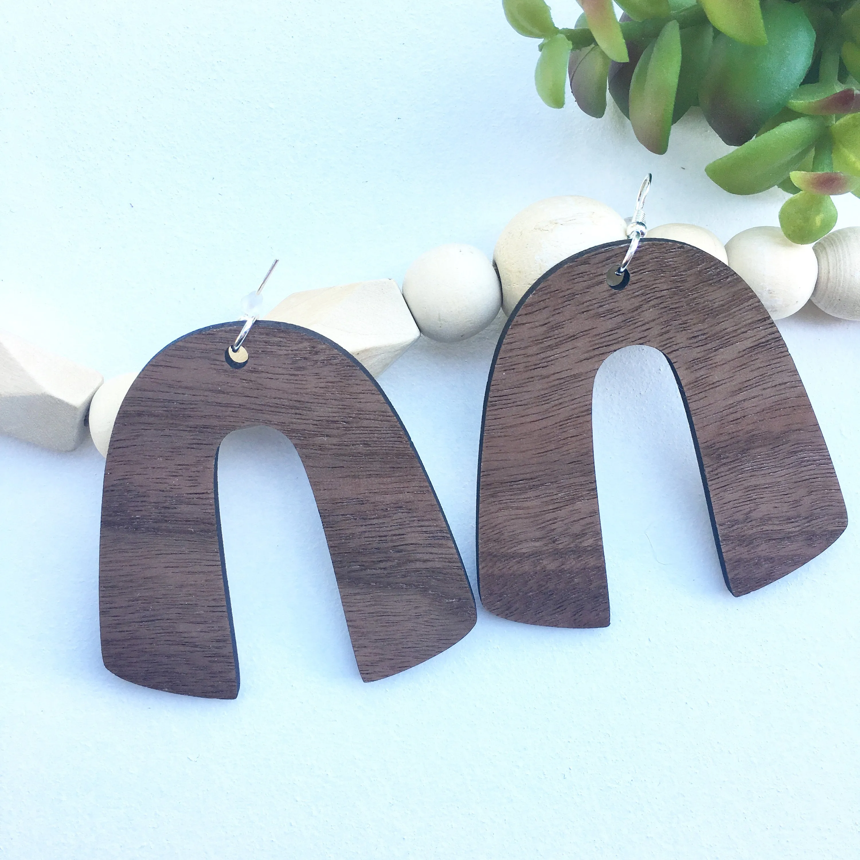 Horseshoe Dangle Wooden Earrings in Walnut, Trendy Lightweight Earrings, Gift for Sister