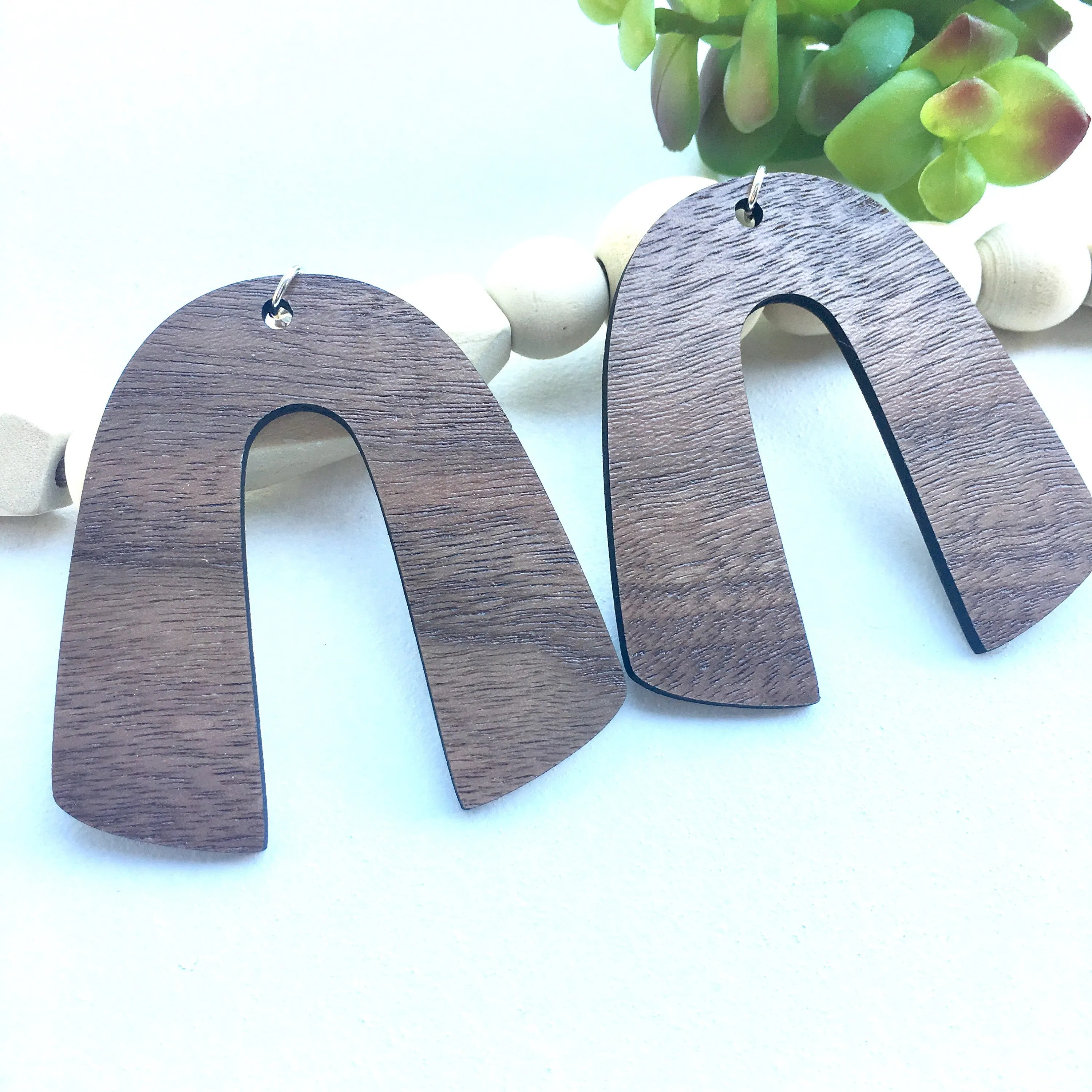 Horseshoe Dangle Wooden Earrings in Walnut, Trendy Lightweight Earrings, Gift for Sister