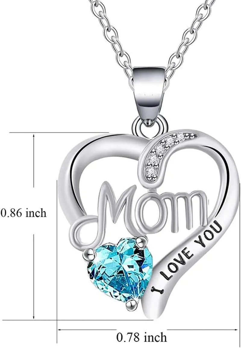 I LOVE YOU Mom Birth Stones Necklace, Silver Love Hear Necklace.