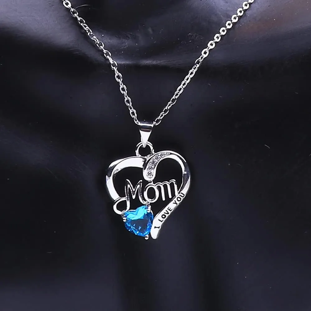 I LOVE YOU Mom Birth Stones Necklace, Silver Love Hear Necklace.