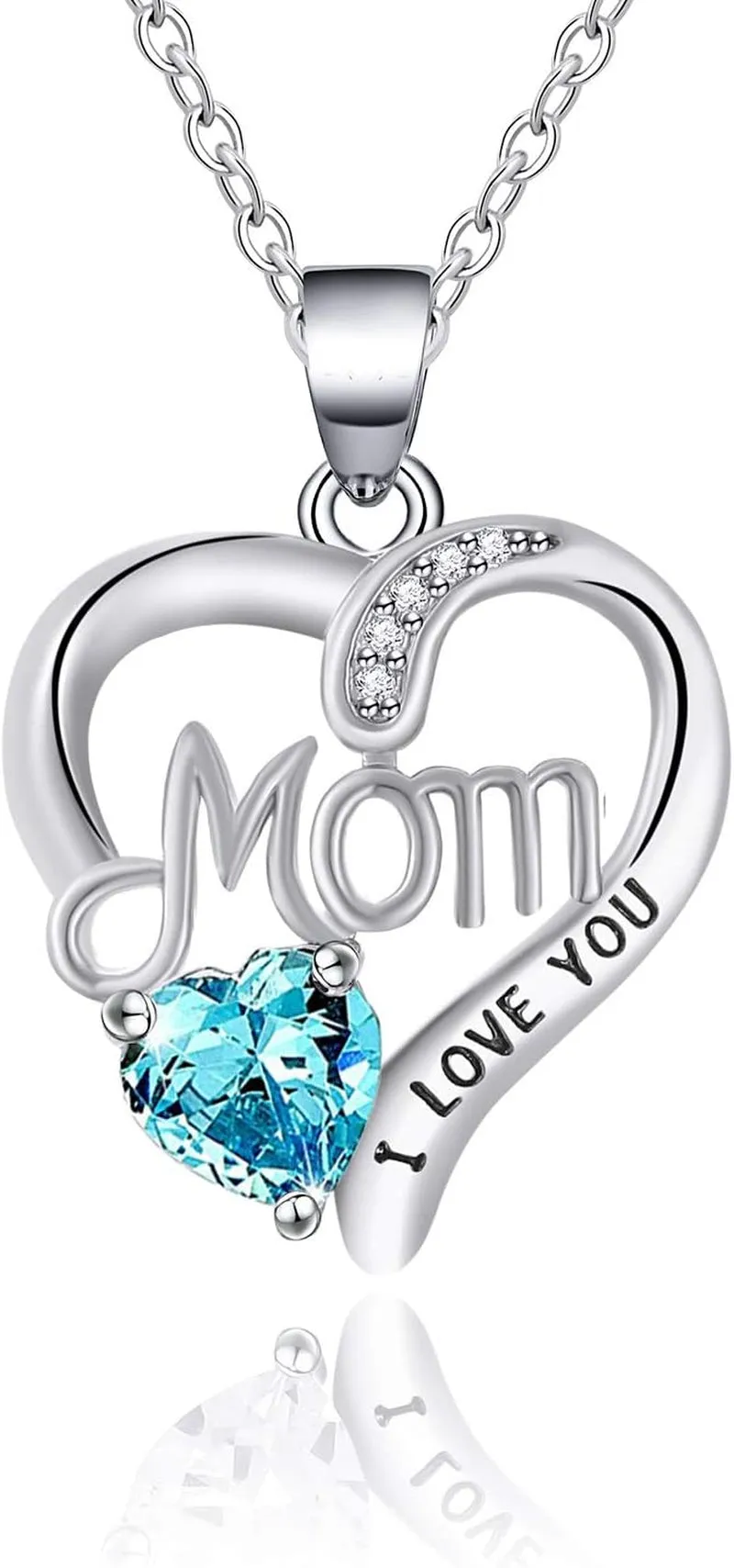 I LOVE YOU Mom Birth Stones Necklace, Silver Love Hear Necklace.