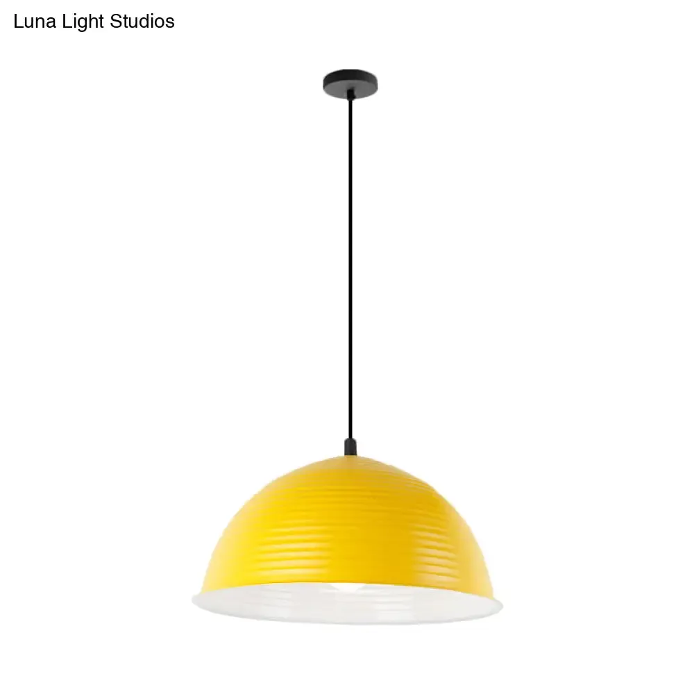 Industrial Grey/Yellow Hanging Lamp with Ribbed Dome Shade - 1 Light, 12"/16" Wide - Metal Indoor Ceiling Light