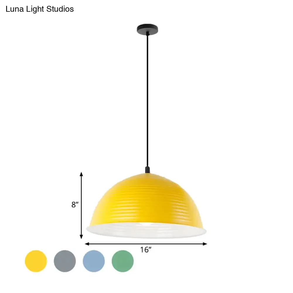 Industrial Grey/Yellow Hanging Lamp with Ribbed Dome Shade - 1 Light, 12"/16" Wide - Metal Indoor Ceiling Light