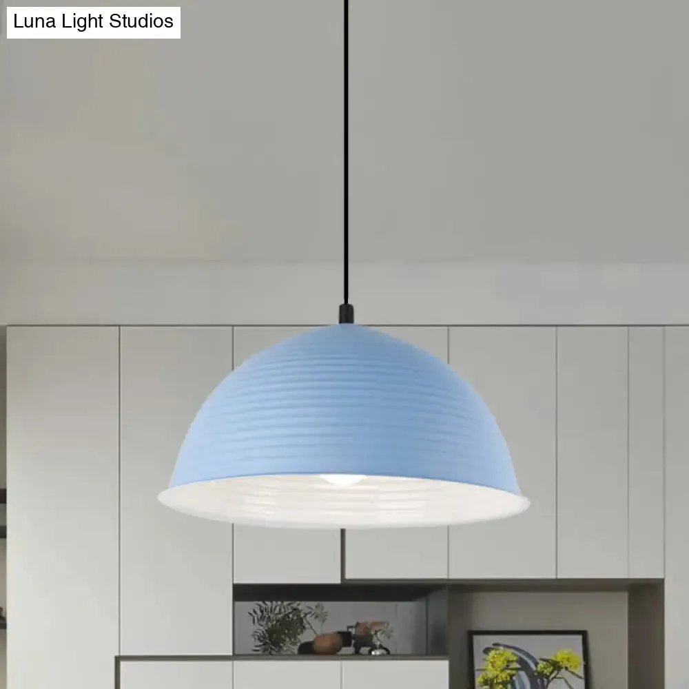 Industrial Grey/Yellow Hanging Lamp with Ribbed Dome Shade - 1 Light, 12"/16" Wide - Metal Indoor Ceiling Light