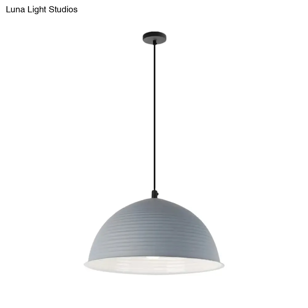 Industrial Grey/Yellow Hanging Lamp with Ribbed Dome Shade - 1 Light, 12"/16" Wide - Metal Indoor Ceiling Light