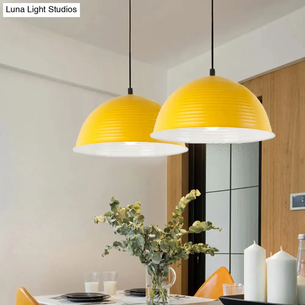 Industrial Grey/Yellow Hanging Lamp with Ribbed Dome Shade - 1 Light, 12"/16" Wide - Metal Indoor Ceiling Light