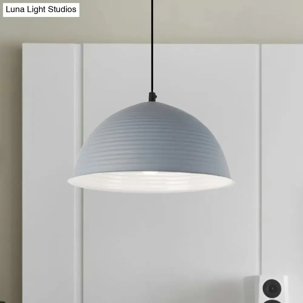 Industrial Grey/Yellow Hanging Lamp with Ribbed Dome Shade - 1 Light, 12"/16" Wide - Metal Indoor Ceiling Light