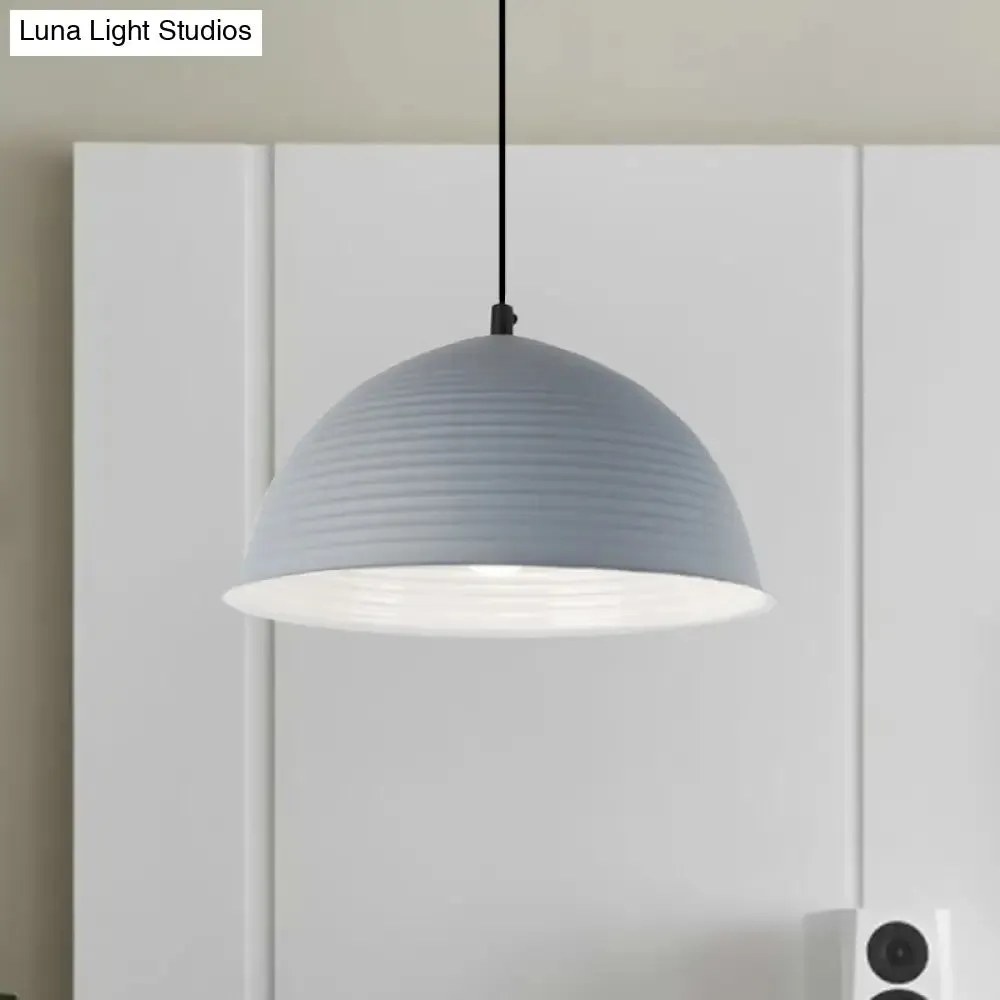 Industrial Grey/Yellow Hanging Lamp with Ribbed Dome Shade - 1 Light, 12"/16" Wide - Metal Indoor Ceiling Light