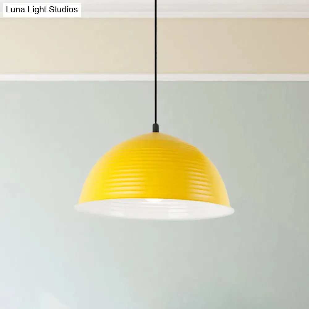 Industrial Grey/Yellow Hanging Lamp with Ribbed Dome Shade - 1 Light, 12"/16" Wide - Metal Indoor Ceiling Light