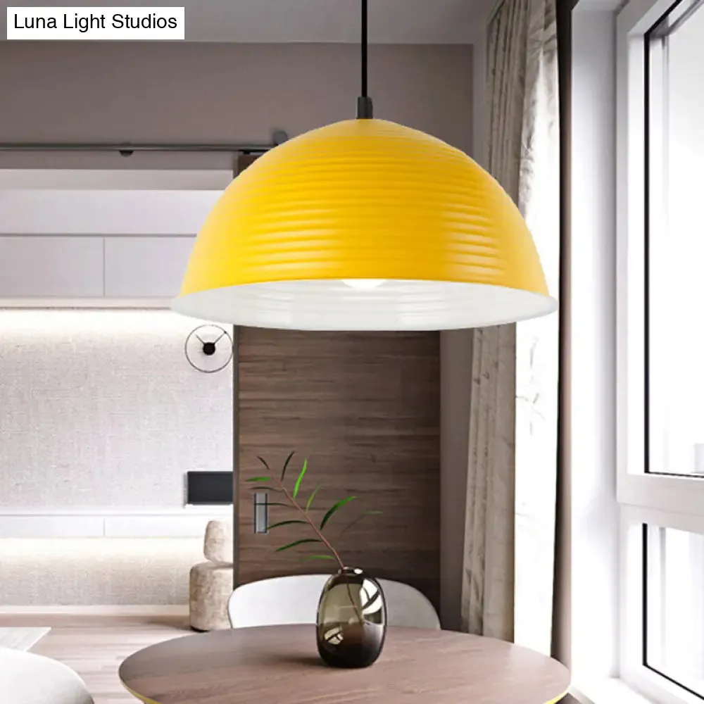 Industrial Grey/Yellow Hanging Lamp with Ribbed Dome Shade - 1 Light, 12"/16" Wide - Metal Indoor Ceiling Light