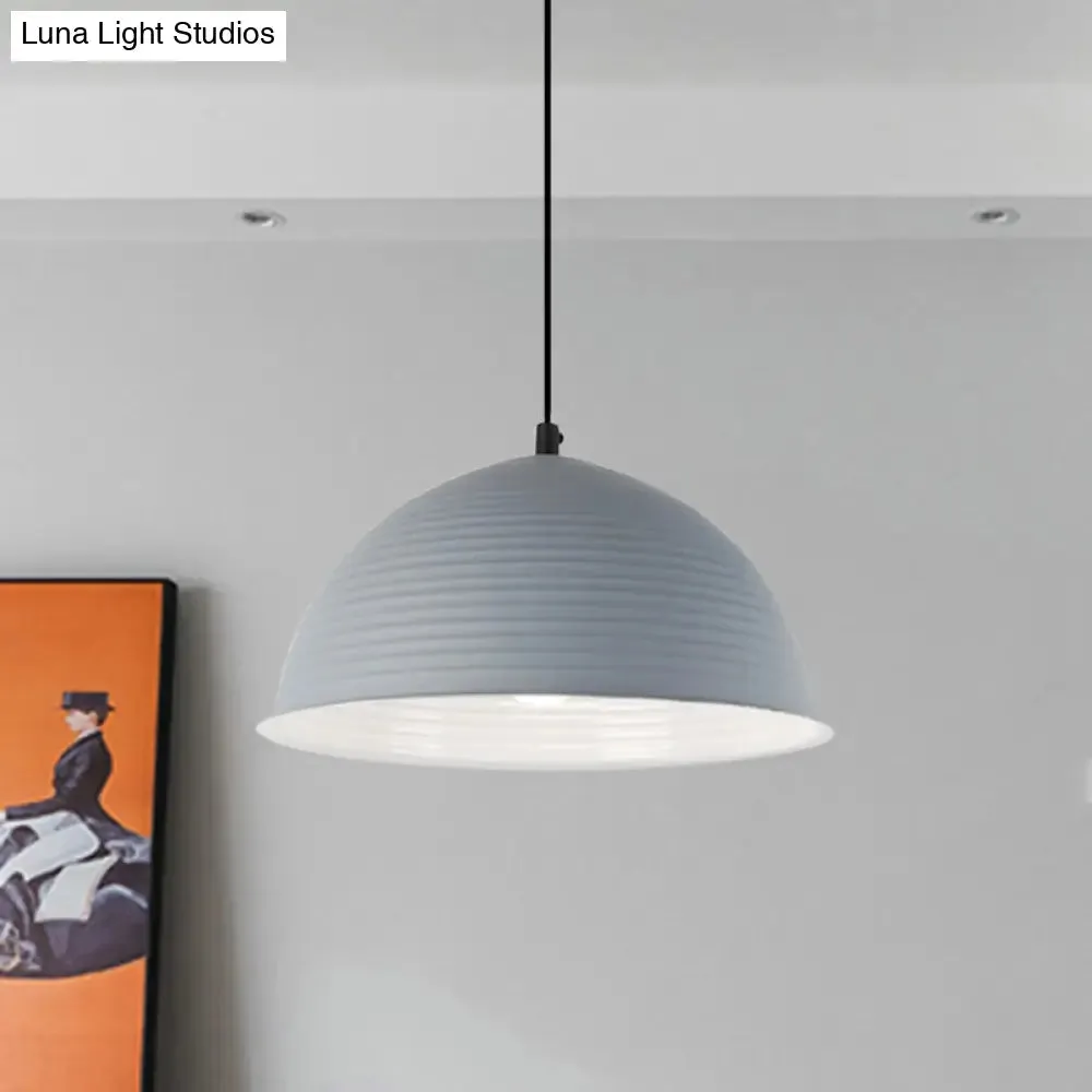 Industrial Grey/Yellow Hanging Lamp with Ribbed Dome Shade - 1 Light, 12"/16" Wide - Metal Indoor Ceiling Light