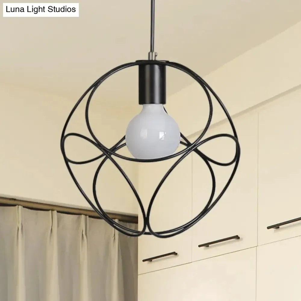 Industrial Style Metal Pendant Light with Cage Shade - White/Black Square Design, Ideal for Indoor Spaces