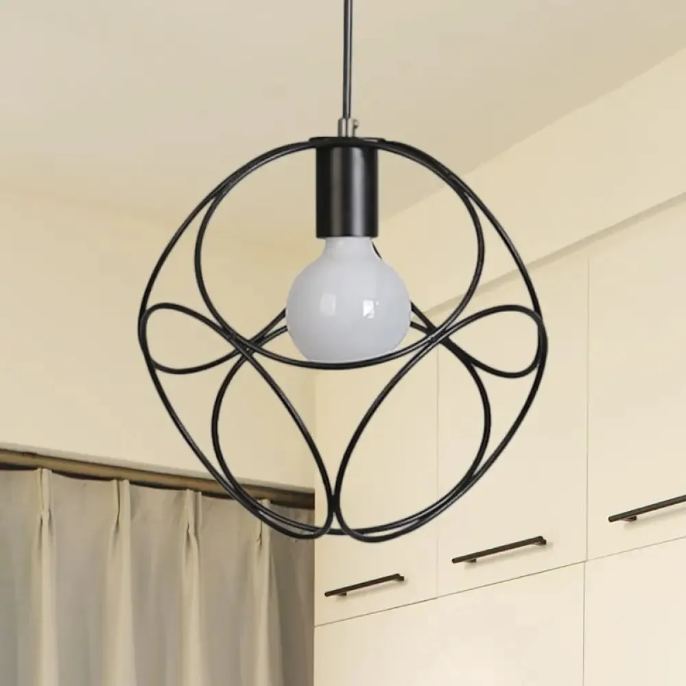 Industrial Style Metal Pendant Light with Cage Shade - White/Black Square Design, Ideal for Indoor Spaces