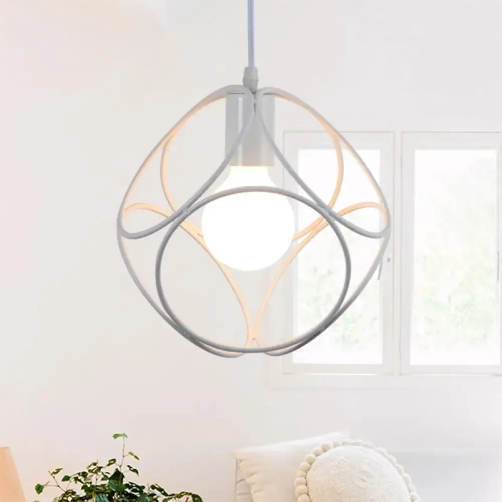 Industrial Style Metal Pendant Light with Cage Shade - White/Black Square Design, Ideal for Indoor Spaces