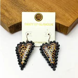 Leopard Print Heart Earrings with Black Tone Jewel Trim