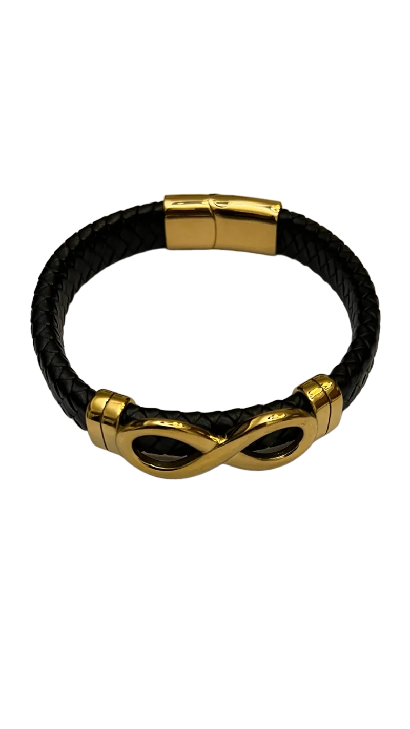 Men's Black Leather and Gold Bracelet