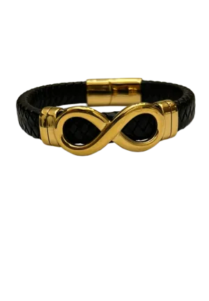 Men's Black Leather and Gold Bracelet