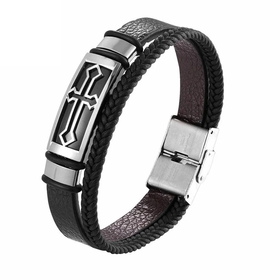 Men's Cross Bracelet <br>Braided Leather Silver Cross