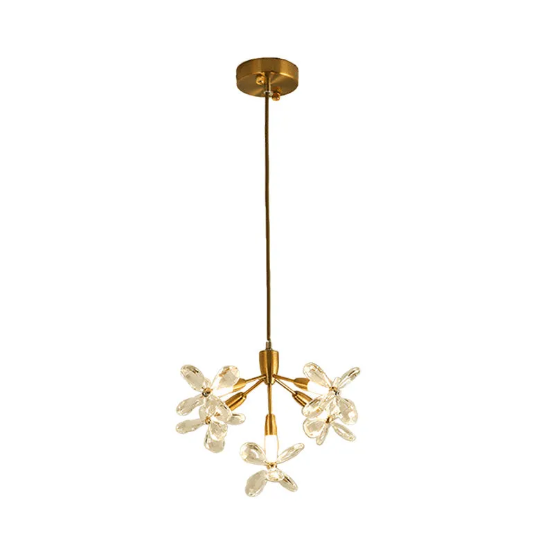 Minimalist Gold Crystal Chandelier with 5 Flower Pendants for Dining Room Lighting