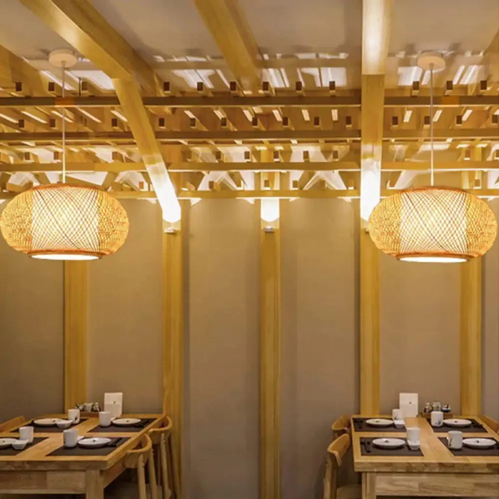 Minimalist Handwoven Rattan Pendant Ceiling Light - Wood Suspension Lighting