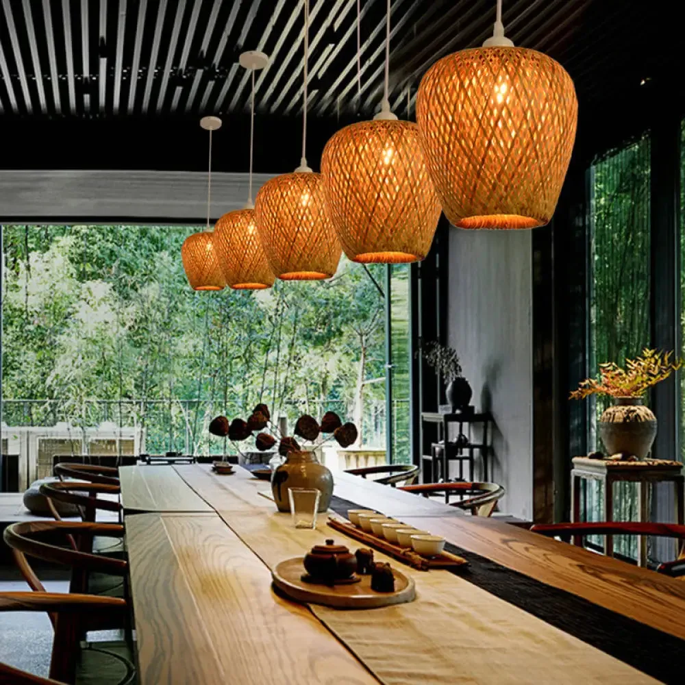 Minimalist Handwoven Rattan Pendant Ceiling Light - Wood Suspension Lighting