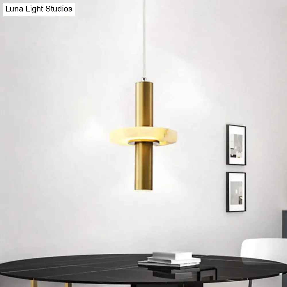 Modern Aluminum LED Pendant Light Fixture in Gold with Marble Ring Deco - Elegant Dining Room Hanging Light