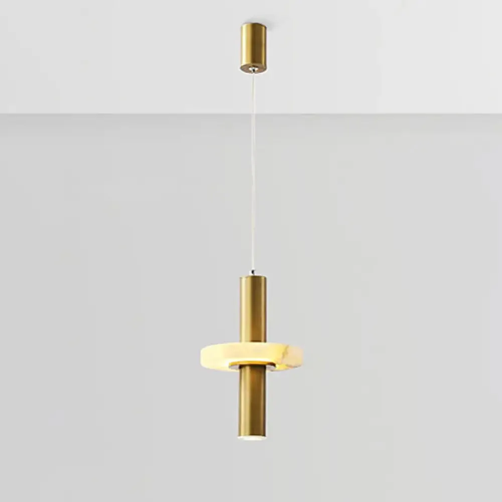 Modern Aluminum LED Pendant Light Fixture in Gold with Marble Ring Deco - Elegant Dining Room Hanging Light