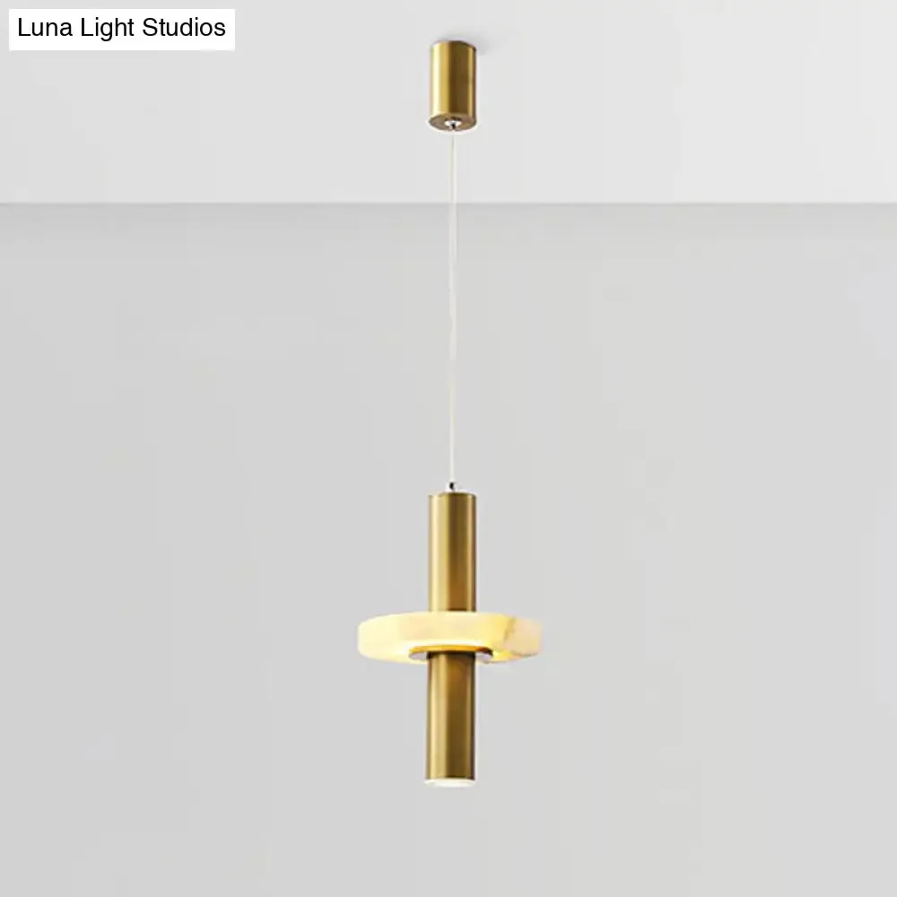 Modern Aluminum LED Pendant Light Fixture in Gold with Marble Ring Deco - Elegant Dining Room Hanging Light