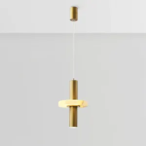 Modern Aluminum LED Pendant Light Fixture in Gold with Marble Ring Deco - Elegant Dining Room Hanging Light