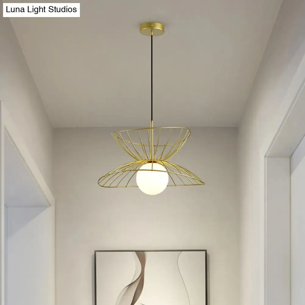 Modern Black and Gold Double-Flared Pendulum Ceiling Lamp with Opal Glass Ball