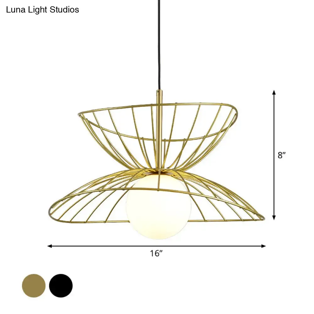 Modern Black and Gold Double-Flared Pendulum Ceiling Lamp with Opal Glass Ball