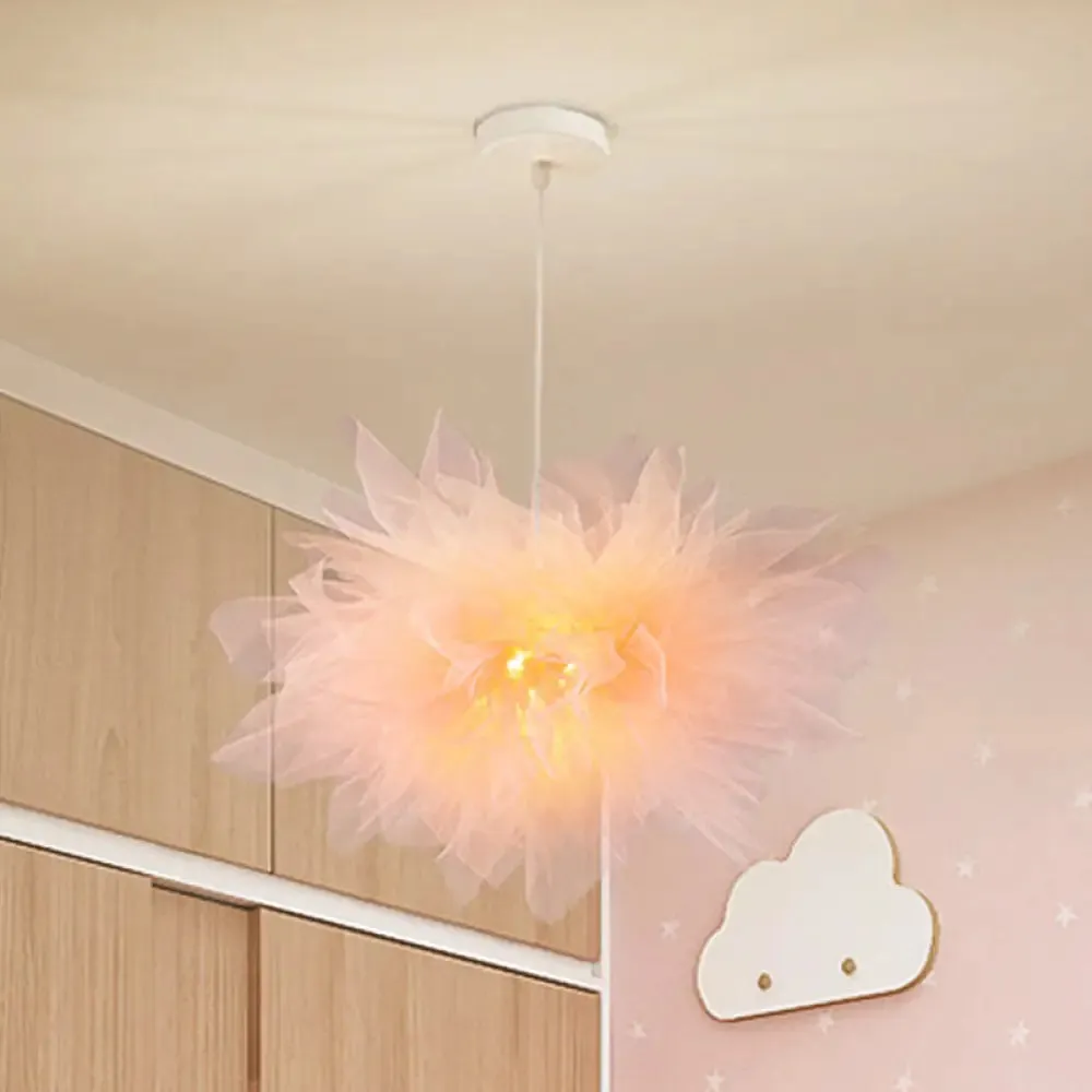 Modern Blossom Hanging Ceiling Lamp - Hand-Sewn Cotton Yarn. 1 Light - Bedroom Lighting in White/Pink