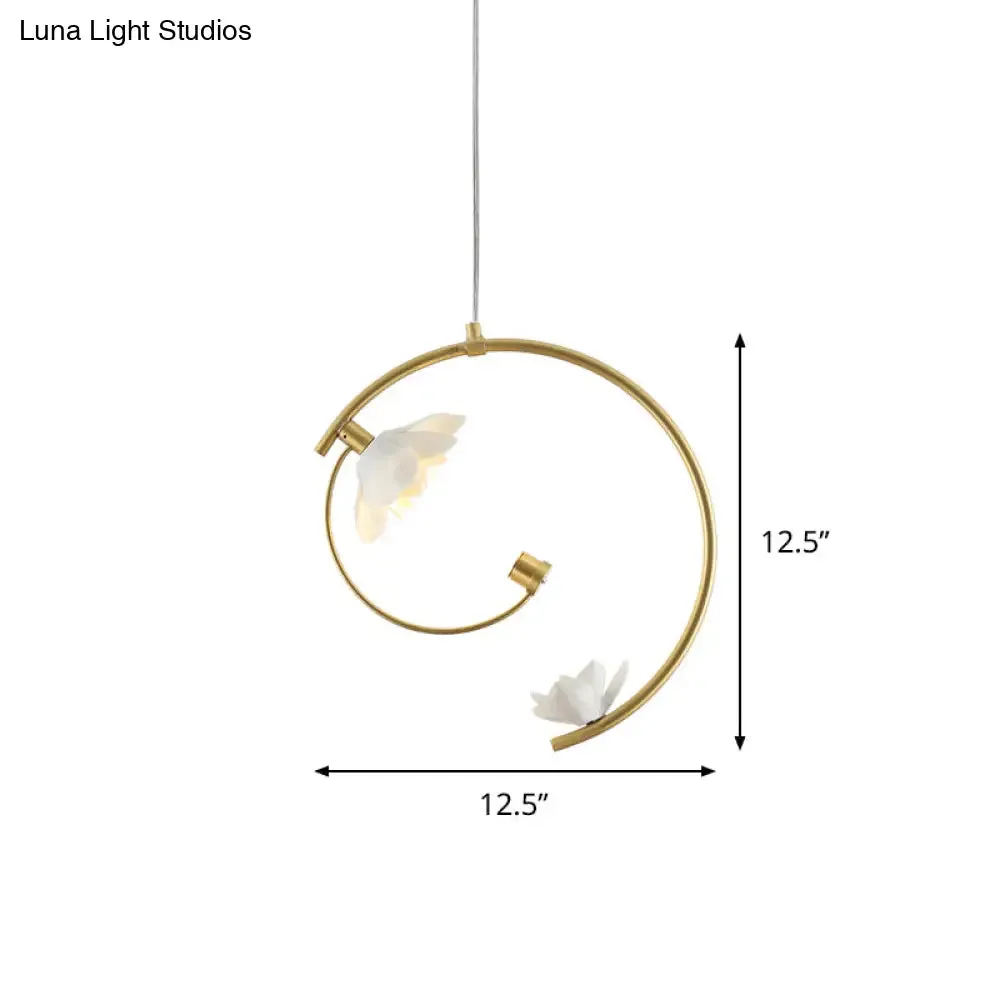 Modern Ceramic Flower Pendant Lamp - Single White Ceiling Light with Gold Scroll Stem