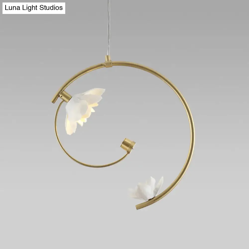 Modern Ceramic Flower Pendant Lamp - Single White Ceiling Light with Gold Scroll Stem