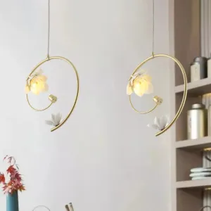 Modern Ceramic Flower Pendant Lamp - Single White Ceiling Light with Gold Scroll Stem