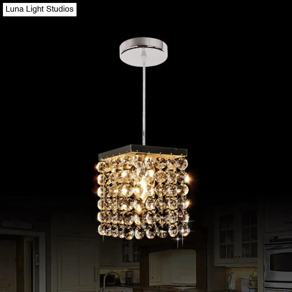 Modern Clear Cut Crystal Cube Suspension Lamp 1-Light Ceiling Hang Fixture - Chrome