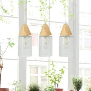 Modern Cracked Glass Tube Pendant with Wood Suspension - 3-Bulb Multi-light Suspension Lamp for Dining Room