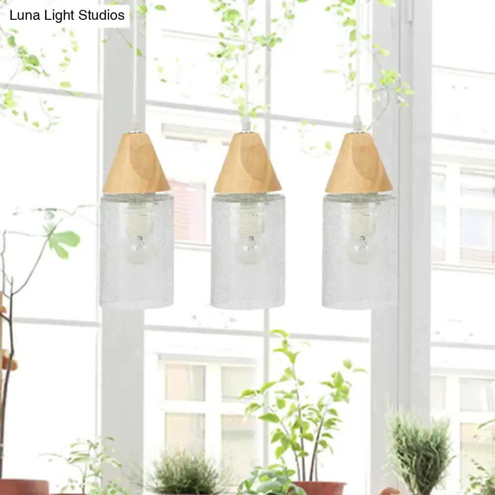 Modern Cracked Glass Tube Pendant with Wood Suspension - 3-Bulb Multi-light Suspension Lamp for Dining Room