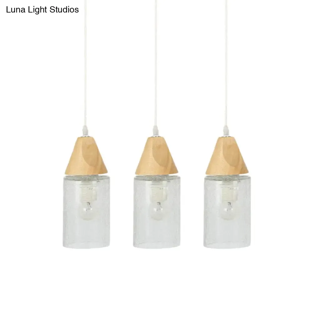 Modern Cracked Glass Tube Pendant with Wood Suspension - 3-Bulb Multi-light Suspension Lamp for Dining Room