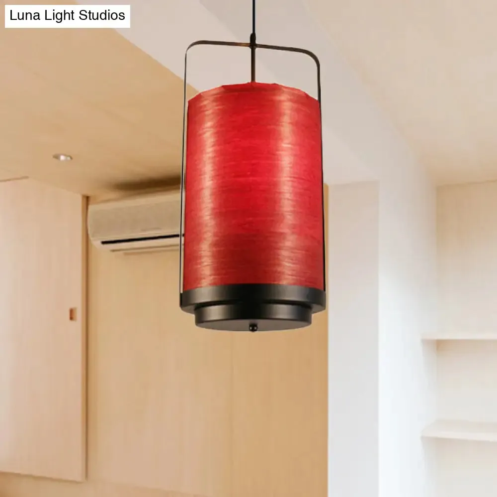 Modern Cylindrical Pendant Lamp 1 Light - Fabric, White/Red/Green - Dining Room Hanging Fixture