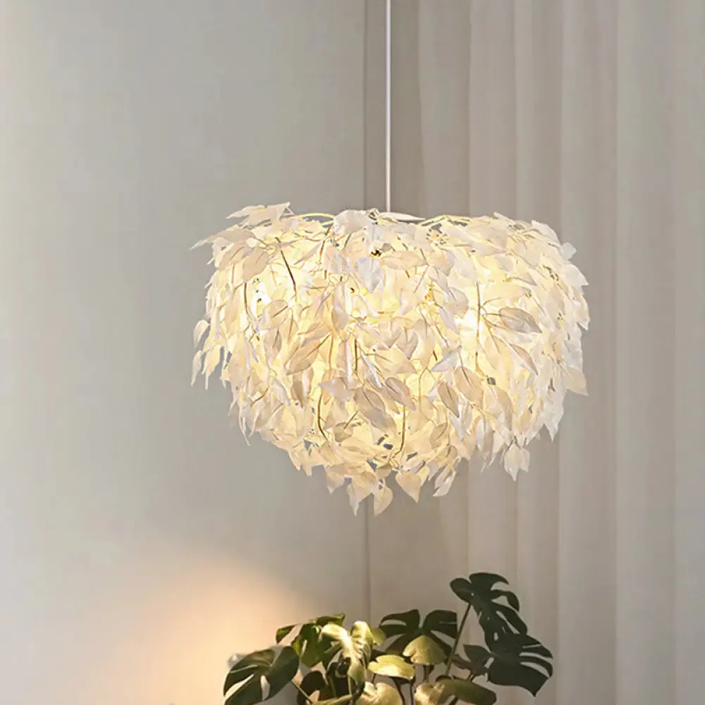 Modern Fabric White Leaf Pendant Lamp - 1 Light Bedroom Hanging Fixture, 19.5"/23.5"/27.5" Wide