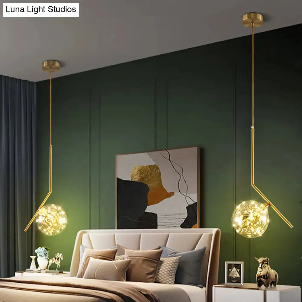 Modern Globe Glass Pendant Light for Bedroom, LED Hanging Ceiling Fixture in Brass