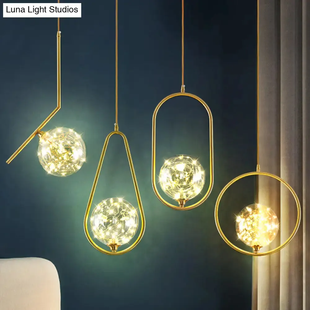 Modern Globe Glass Pendant Light for Bedroom, LED Hanging Ceiling Fixture in Brass