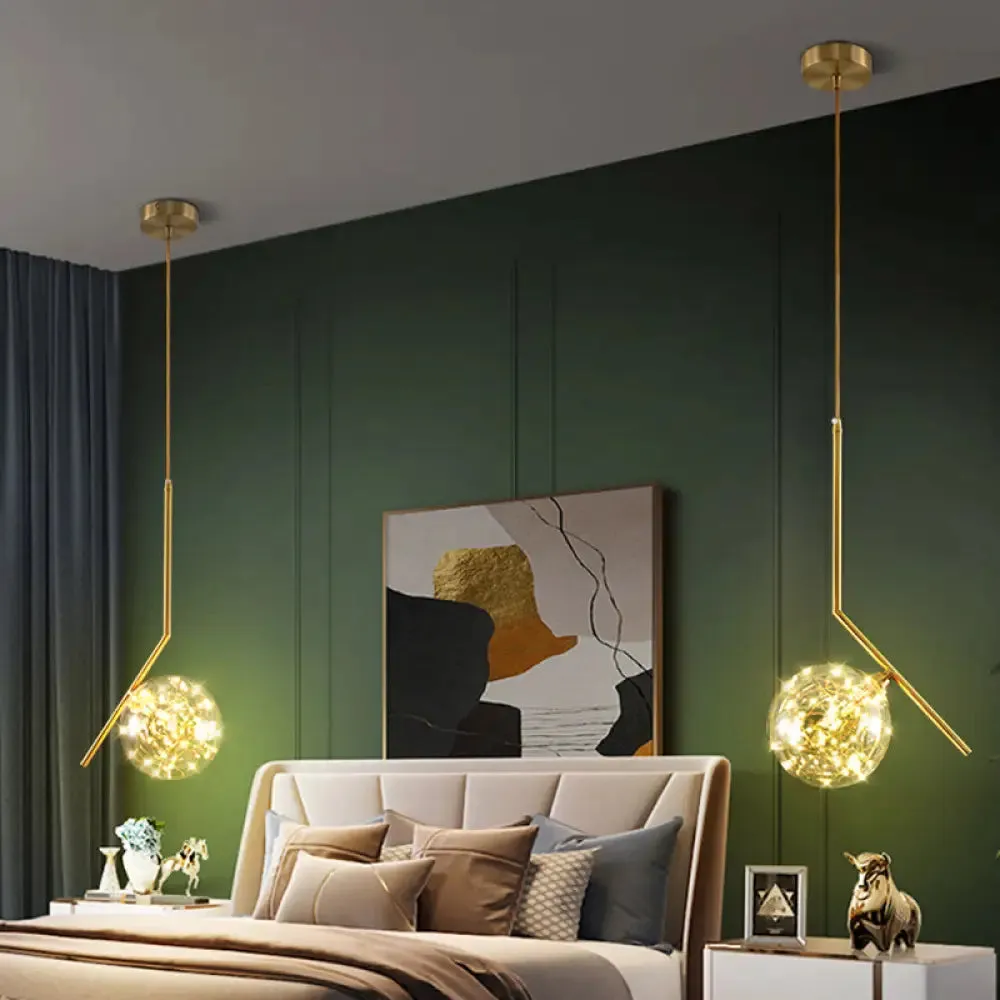 Modern Globe Glass Pendant Light for Bedroom, LED Hanging Ceiling Fixture in Brass